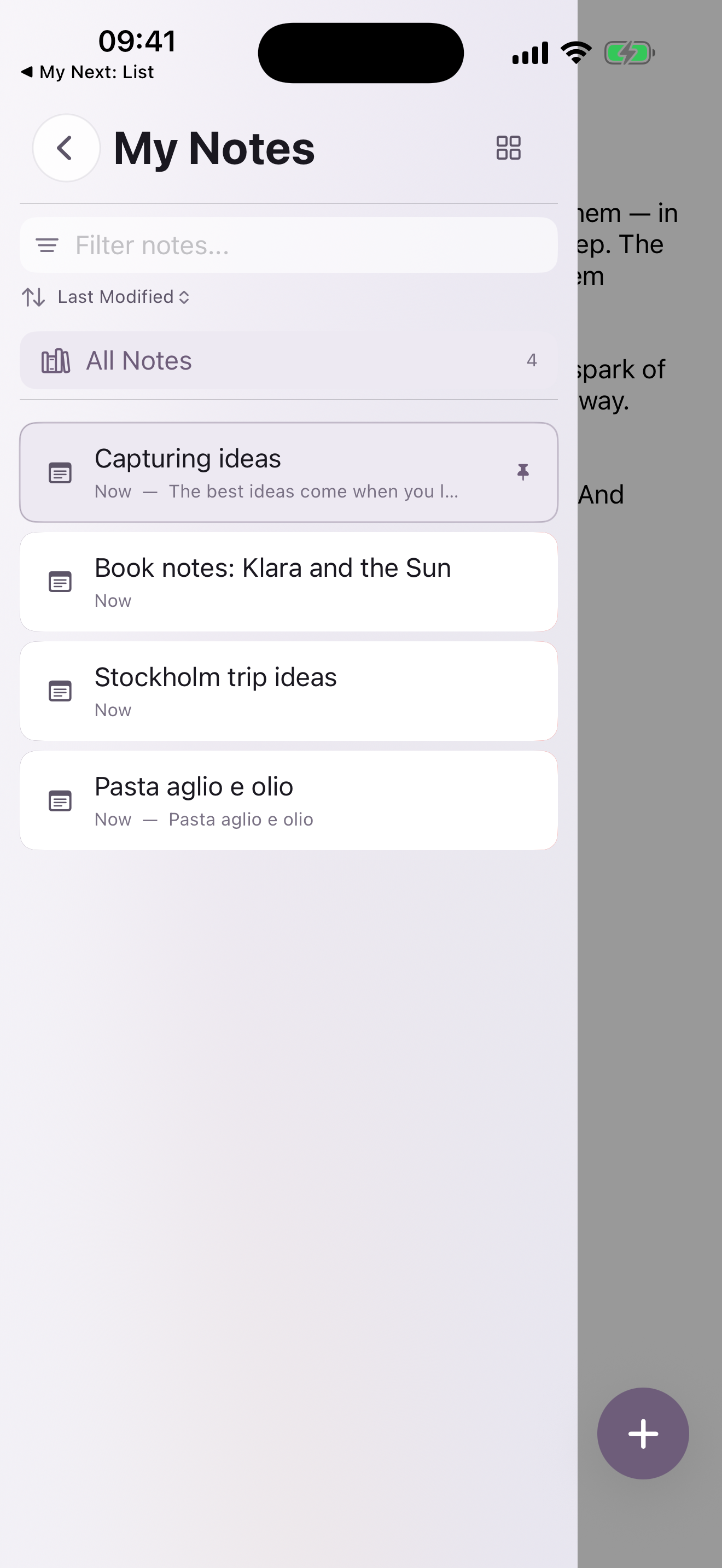 My Next: Note — My Notes side menu with captured ideas and recipes