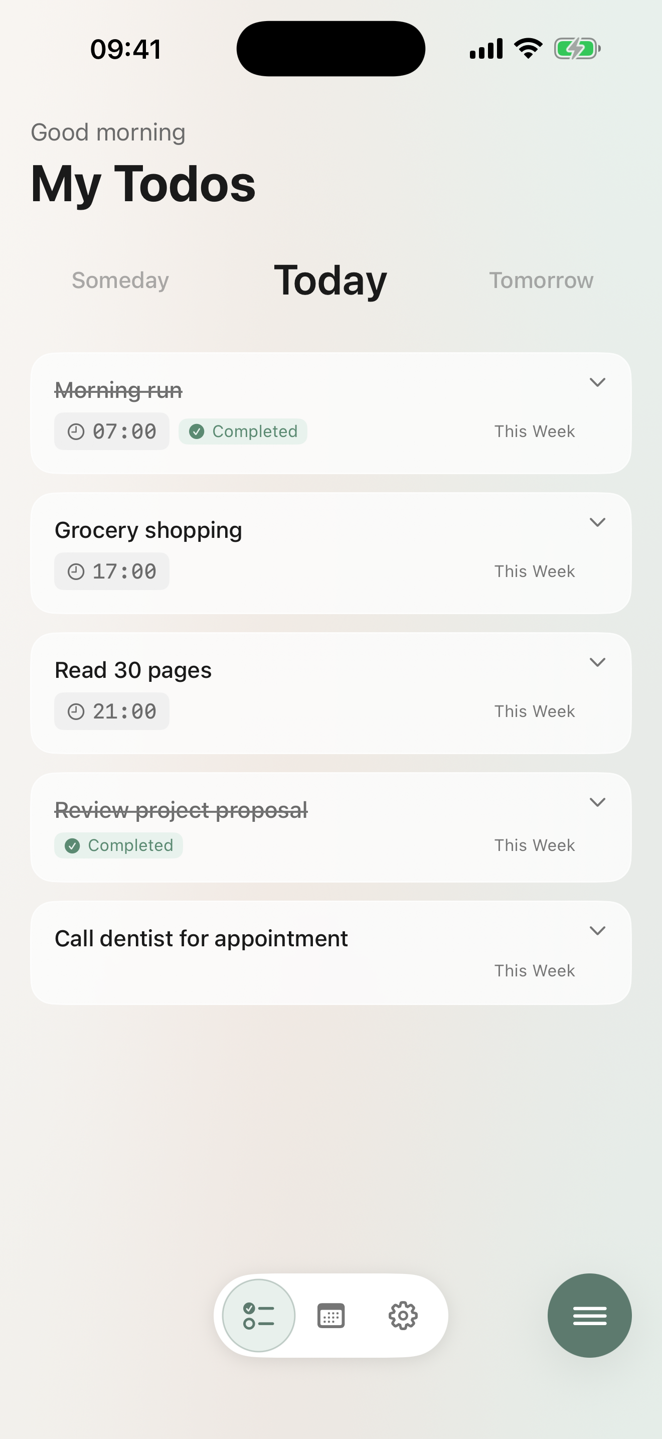 My Next: Todo — Today view with morning tasks and daily planning